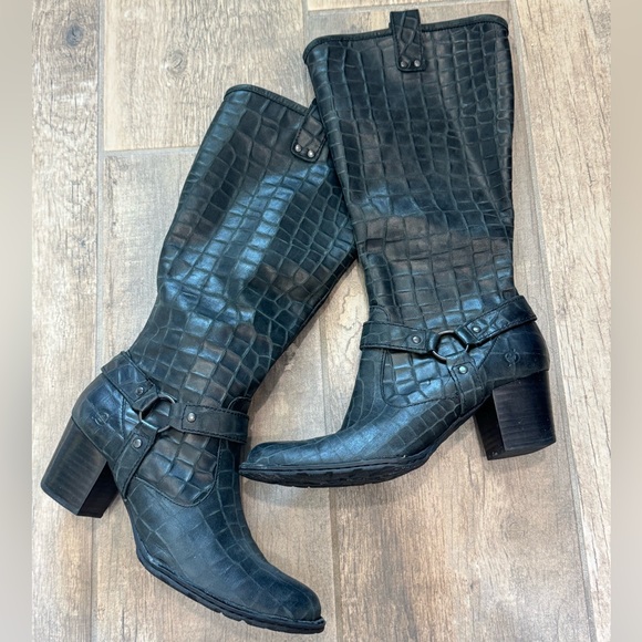 Born Lewis black croc embossed leather double buckle heeled boots - Picture 2 of 15